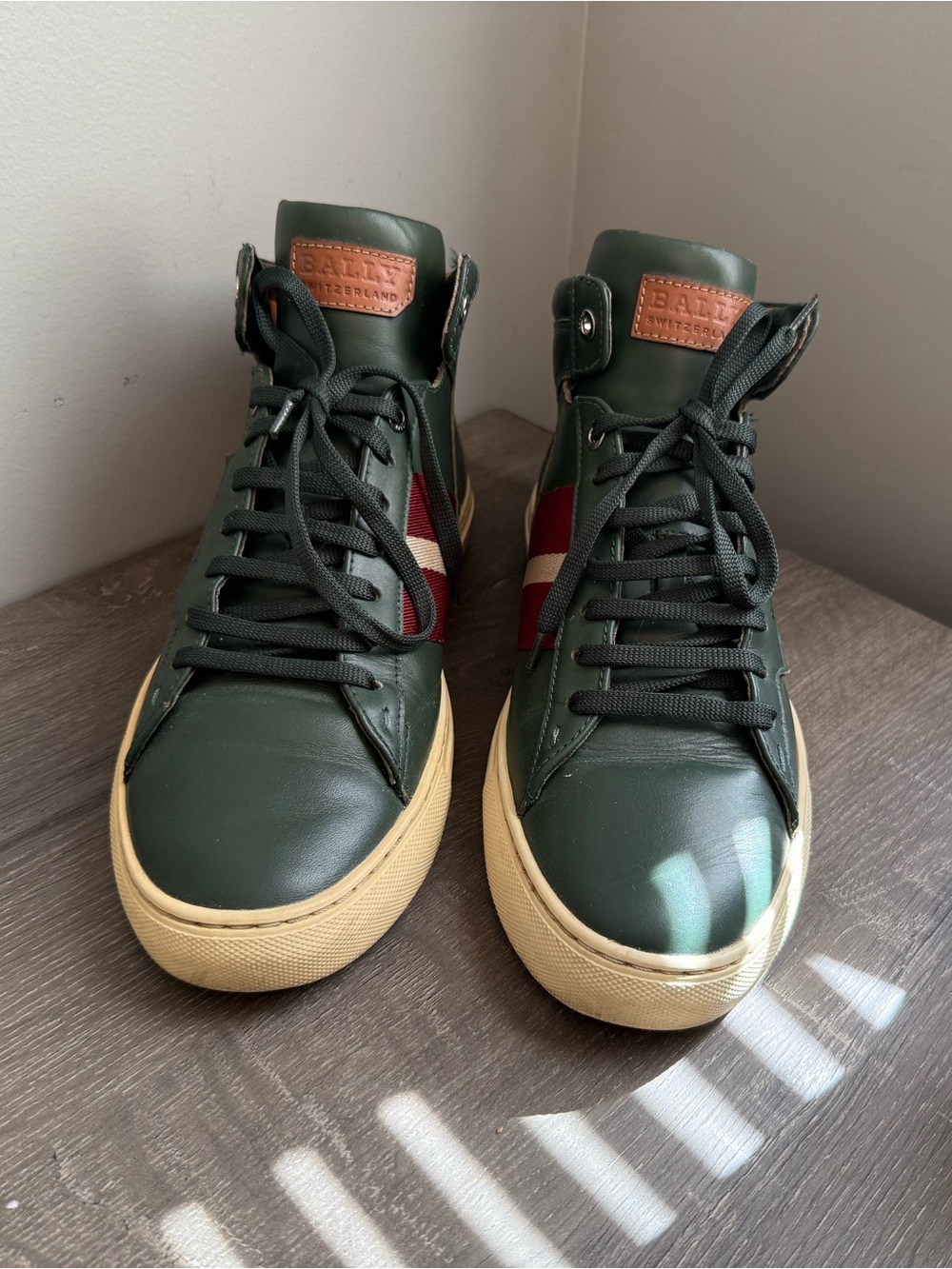 Bally Green Leather High-Top Sneakers with Red Stripe